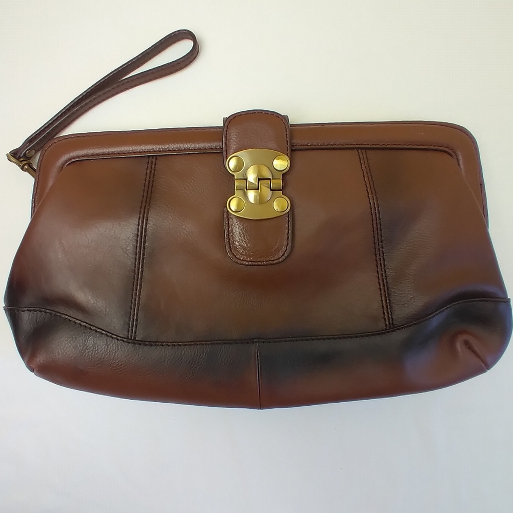 NWOT Alfani 2-Tone Brown Leather Clutch Purse w Detachable Hand Strap